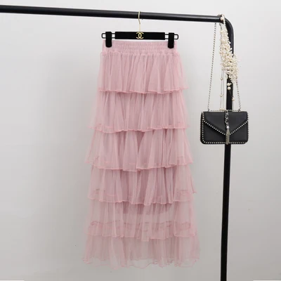 pink Кружева Тюлевая юбка Для женщин корейской моды Высокая Талия элегантные длинные макси юбка Женский черный, розовый сетки многоуровневого юбка для девочек - Цвет: pink