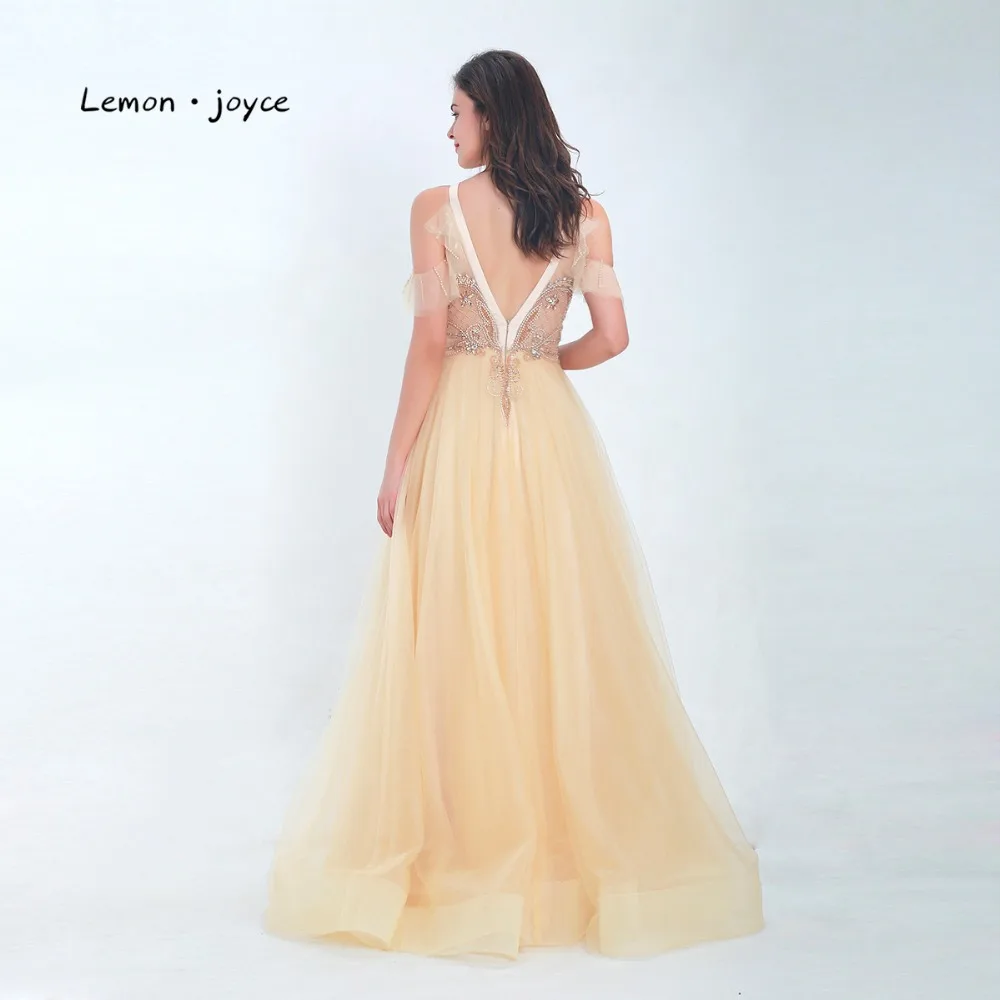 Lemonjoyce Elegant Champagne Evening Dress 2020 New Style O-Neck Top beading Illution A Line Floor Length Lady Prom Party Gown | Свадьбы и