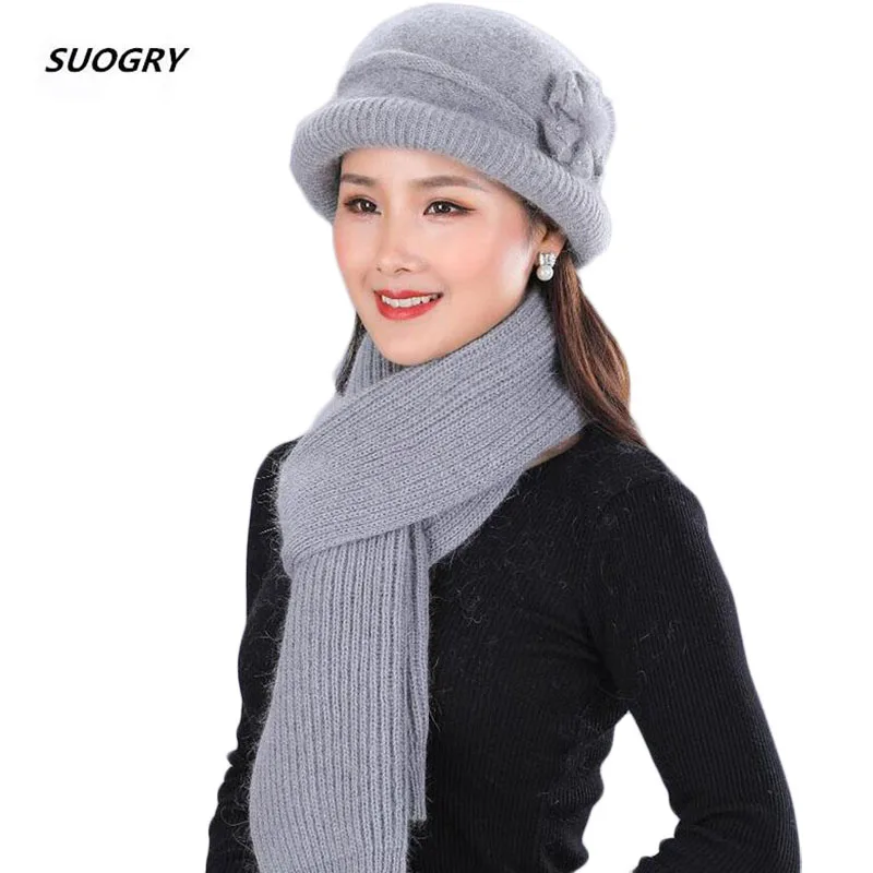SUOGRY женская зимняя шапка бини кролик шкуры животных вязаная шерстяная и шарф