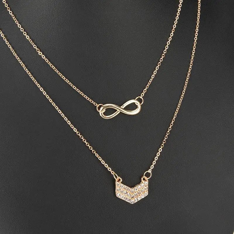 Best Selling Fashion Lucky 8 Word Pendant V-shaped Ladies Multi-layer Metal Chain Necklace Female Crystal Charm Jewelry | Украшения и