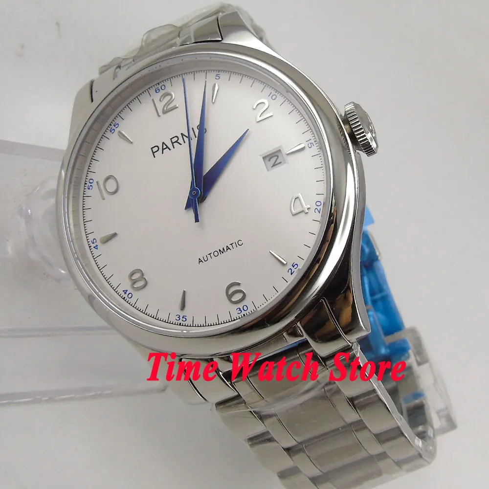 Парнис 38 мм белый циферблат синий руки Дата сапфировое стекло 21 jewels MIYOTA