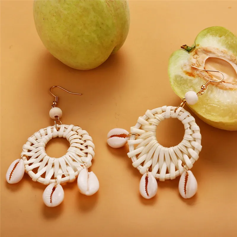Boho Ocean Beach Starfish Cowrie Shell Rattan Earrings Vintage Handmade Braided Geometric Bamboo Wicker Straw Wooden | Украшения и