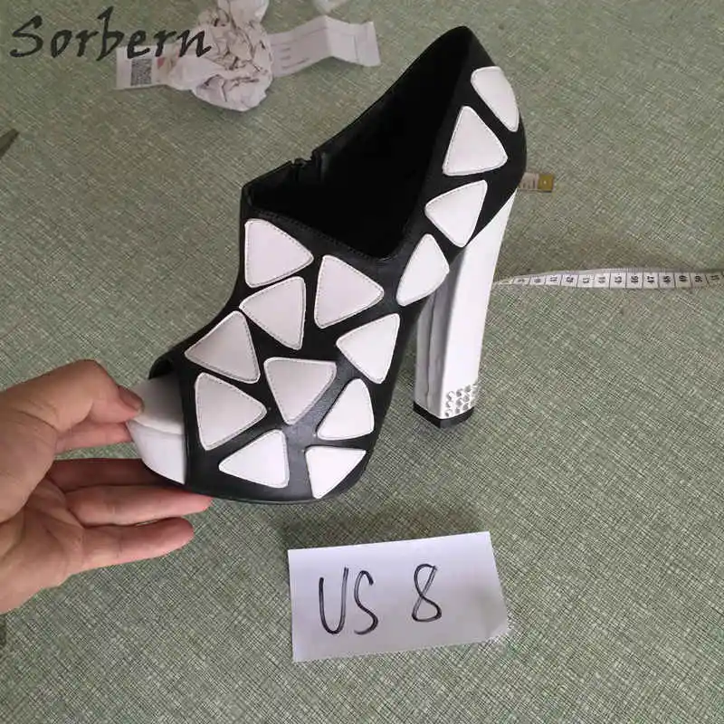 Черный и белый Лоскутная Открытый носок женские туфли-лодочки высокий толстый