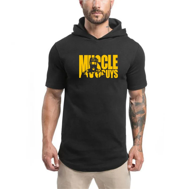 

Bodybuilding Clothes Men T-shirt Hooded Gyms Sweatshirt Short Sleeve Tops Cotton Sportwear Fitness Pullover Muscle Tee Shirt