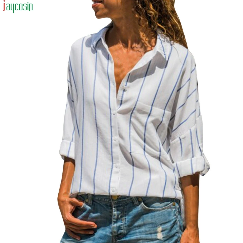 JAYCOSIN 2019 Blouse Women Striped Printing Long Sleeve Tops sexy V-Neck Knit Shirts Femme blouse shirt new | Женская одежда
