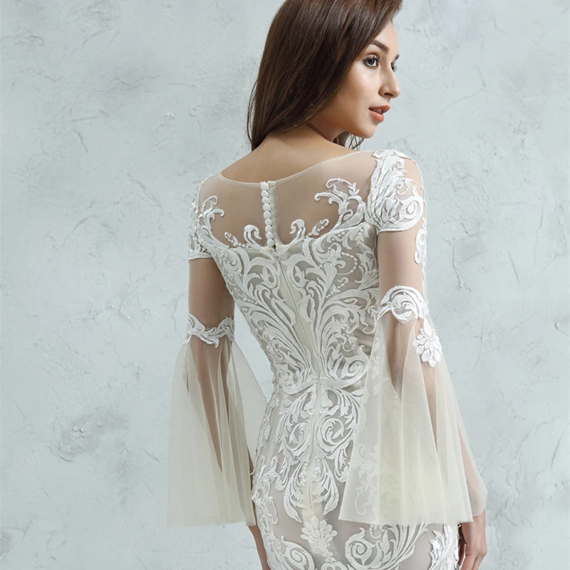 Lace Mermaid Wedding Dress with Champagne Lining Appliqued Unique Design Flare Sleeve