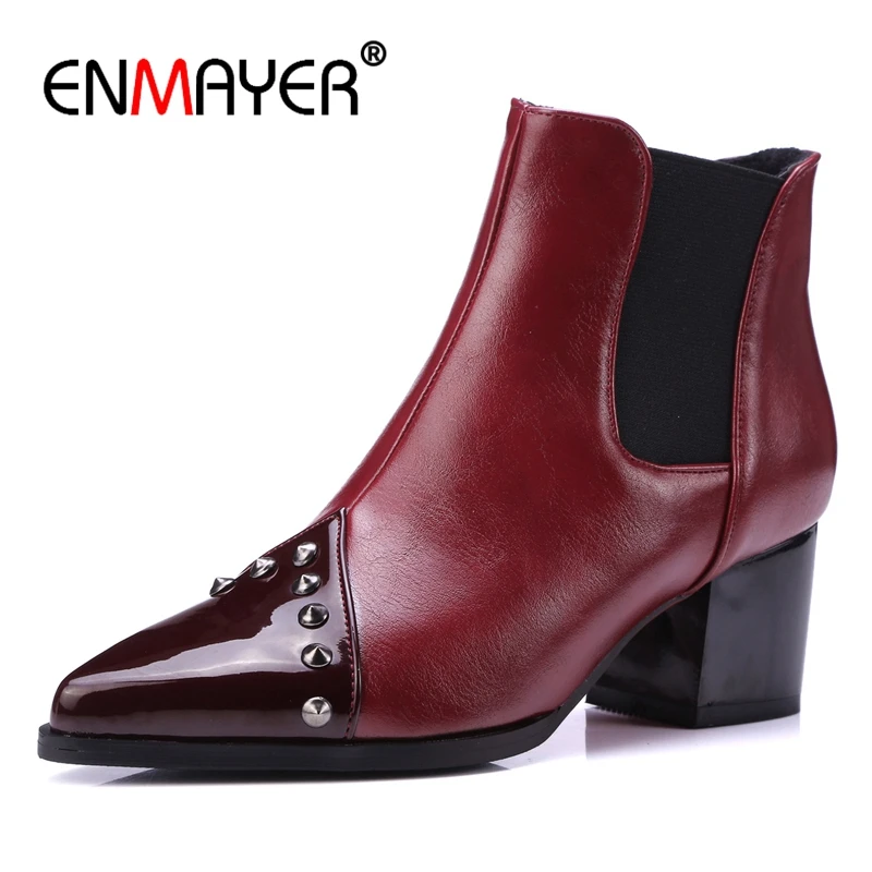 

ENMAYER Ankle boots Fashion 2018 New Short boots Casual Pointed toe Thick Med heels Women shoes Black Elastic band Patch CR1217