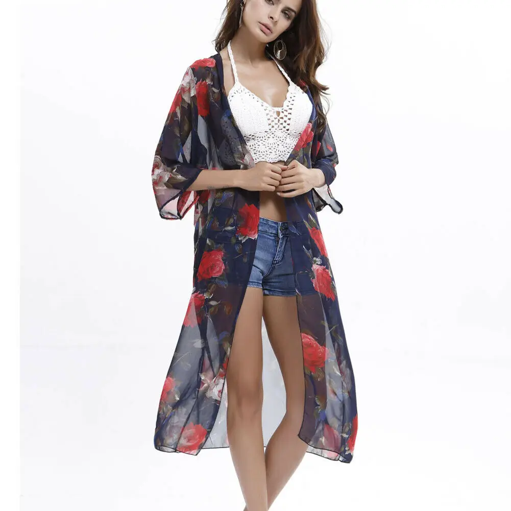 Летнее женское шифоновое кимоно Boho накидка с цветочным принтом пляжный бикини