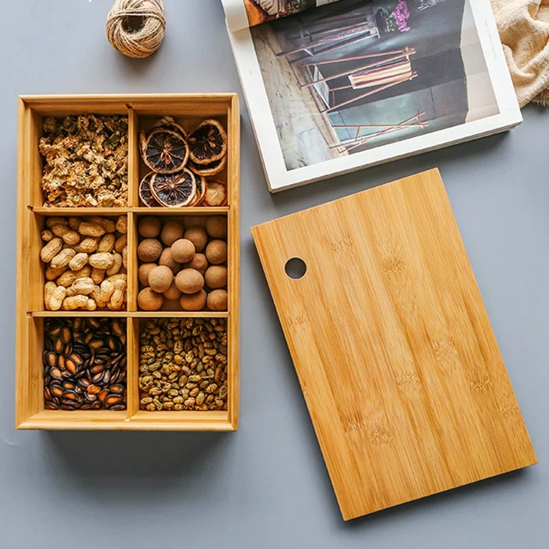 wood color Креативная бамбуковая коробка для хранения с 6 сетками, поднос для чая, конфет, закусок, сухофруктов, орехов, коробка, съемный органайзер, украшение дома - Цвет: wood color
