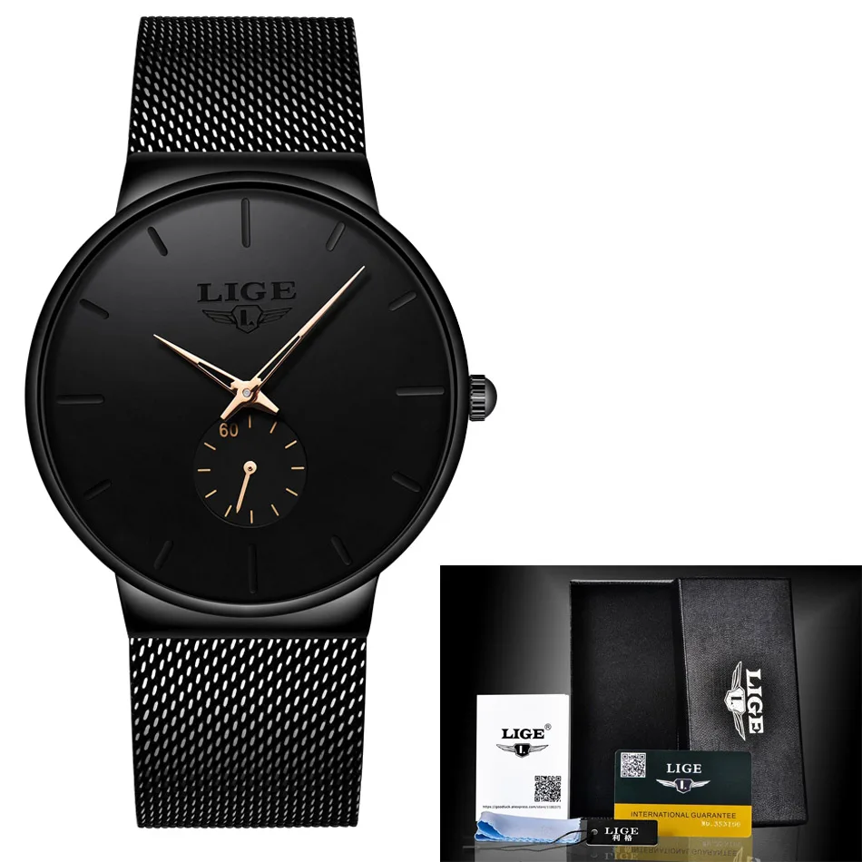 Black rose gold LIGE, женские часы, Лидирующий бренд, Роскошные, для девушек, с сетчатым ремешком, ультра-тонкие часы, нержавеющая сталь, водонепроницаемые часы, кварцевые часы, Reloj Mujer - Цвет: Black rose gold
