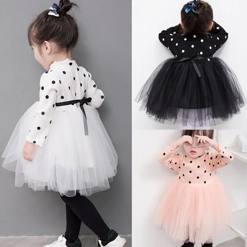 Kids Baby Girls Knitted Dresses White Black Pink Princess Long Sleeve Dot Lace Tutu Dress Ball Gown Clothes Autumn | Детская одежда и