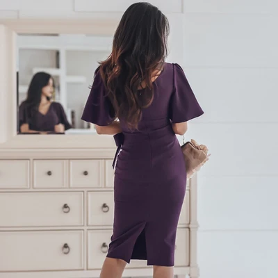 Женское облегающее платье с рукавом-бабочкой элегантное фиолетовое V-образным