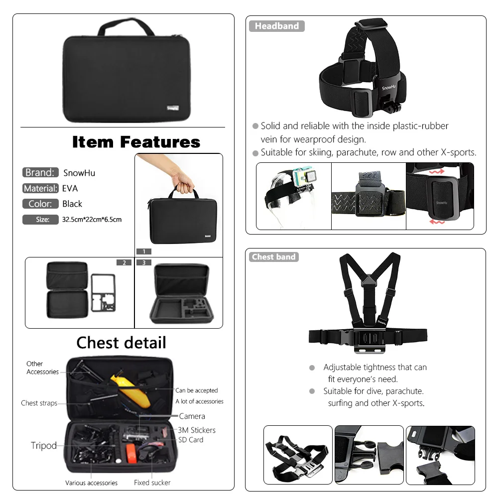 SnowHu для Gopro набор аксессуаров Go Pro Hero 9 8 7 6 5 4 3 2 1 экшн камеры YI 4K H9 SJ4000 SJ5000 GS09|sj4000