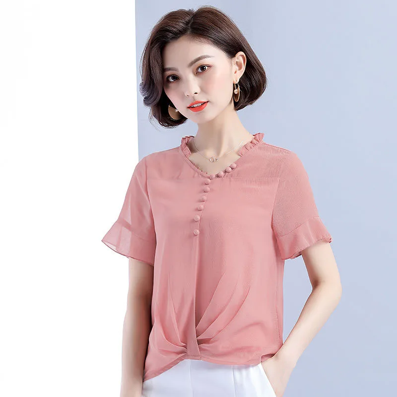 Блузка женская шифоновая с коротким рукавом и V-образным вырезом DD2397 | Женская