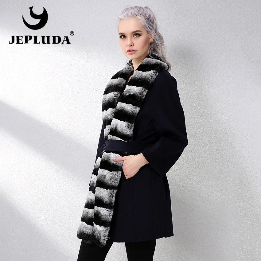 JEPLUDA Fashion Cashmere Coat Women With Genuine Rex Rabbit Fur Lapel Collar winter Real Leather Jacket Women|real fur coat|fur coat genuinefur real
