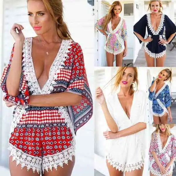 Модный женский комбинезон разноцветный модный пляжный с v-образным вырезом шорты