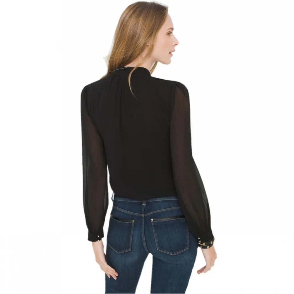 FT1003 Женская однотонная шифоновая блузка летняя с воротником стойкой длинным