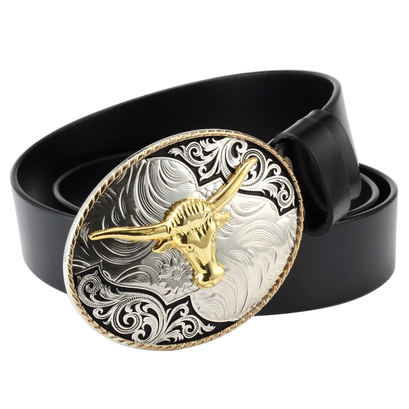 Gold Horse Animal Buckle Big The Western Style Genuine Leather Belt Cowboy Pure Cowhide