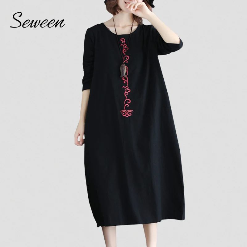 Korean Loose Women Dress 2018 New Fashion Autumn O Neck Long Sleeve Pocket Cotton Linen Female Vestido|Женские платья| |
