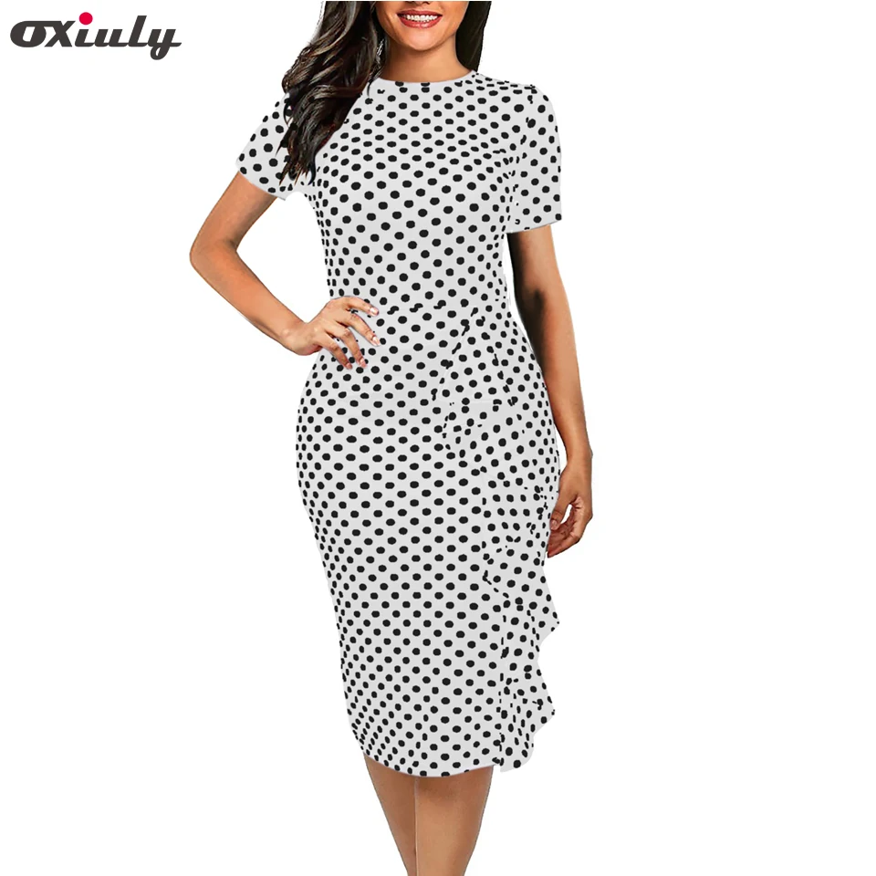 Платье карандаш в горошек с коротким рукавом и круглым вырезом|wear to work|pencil dresspolka