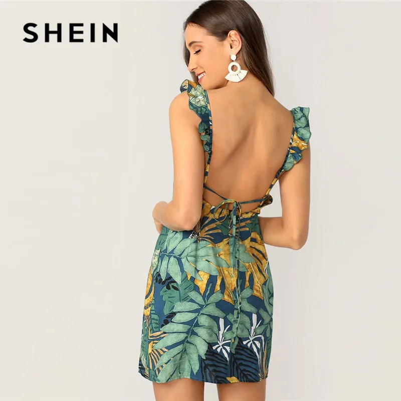 SHEIN Платье С Тропическим Принтом И Оборками Женское Многоцветное Летнее Богемное Платье С Открытой Спиной