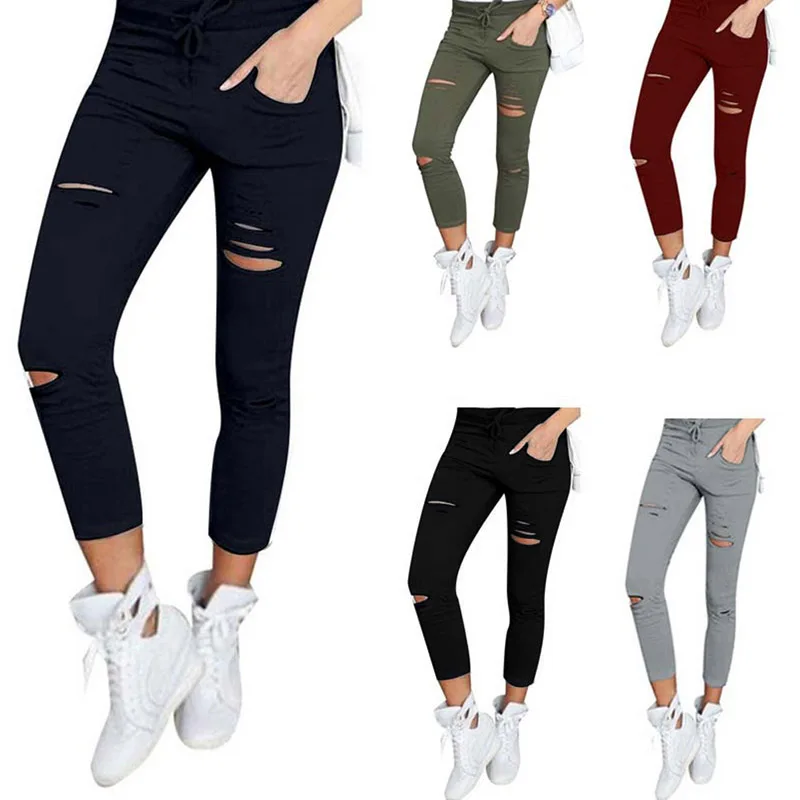 Джинсы женские рваные с завышенной талией повседневные джинсы-карандаш в стиле