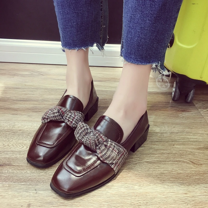 Женские тонкие туфли с бантом грубая обувь на низком квадратном каблуке и