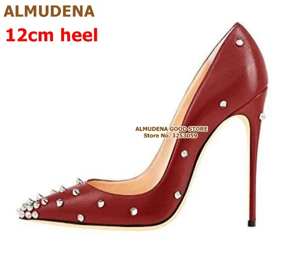 wine red matte 12cm ALMUDENA/пикантные женские модельные туфли-лодочки с заклепками и острым носком; цвет белый, черный; Туфли-гладиаторы с золотыми заклепками; туфли-лодочки на шпильке 10 см, 12 см - Цвет: wine red matte 12cm