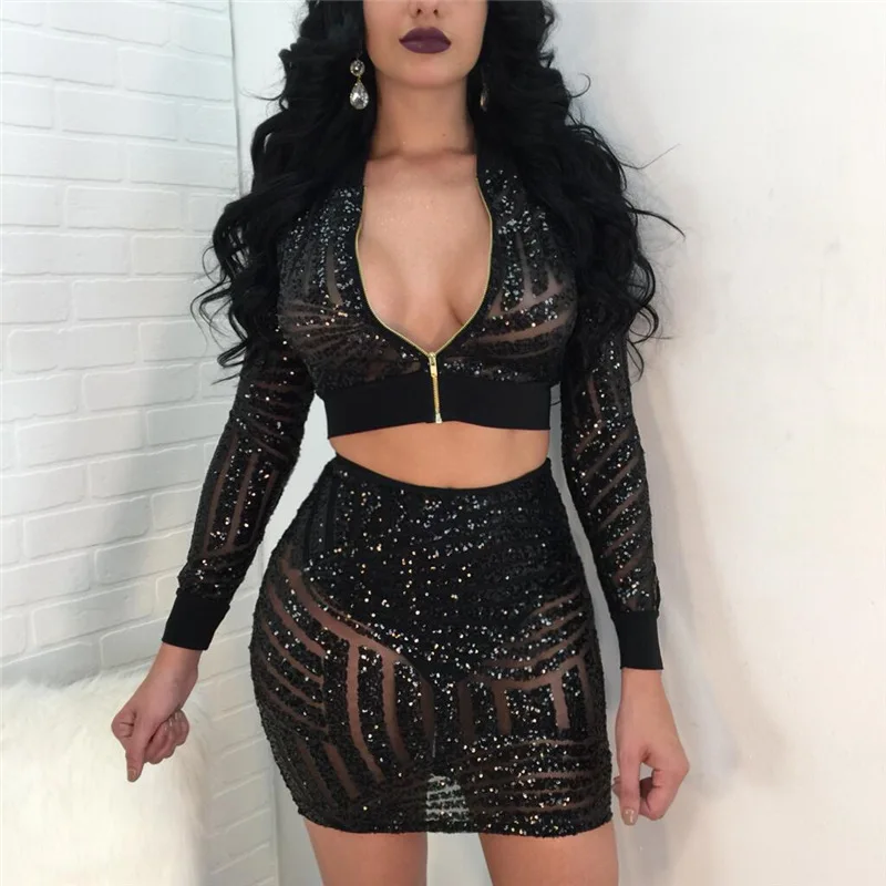 Adogirl, модные женские платья из двух частей с блестками, комплект, на молнии, сексуальный, v-образный вырез, длинный рукав, короткий топ, бандаж, мини, Клубные, вечерние платья