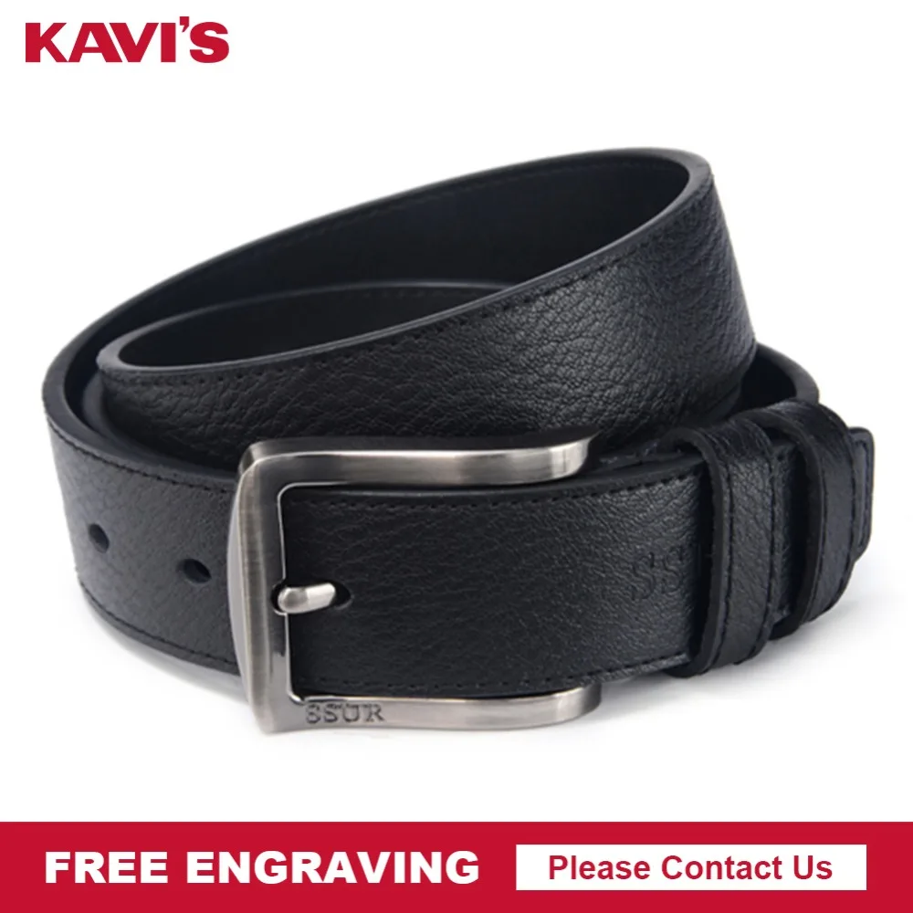 Мужской ремень KAVIS из натуральной коровьей кожи с гравировкой и пряжкой |