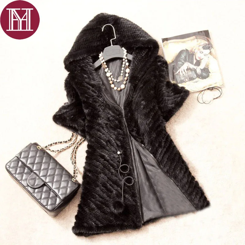 Женская шуба из натурального меха норки зимняя вязаная с капюшоном брендовая