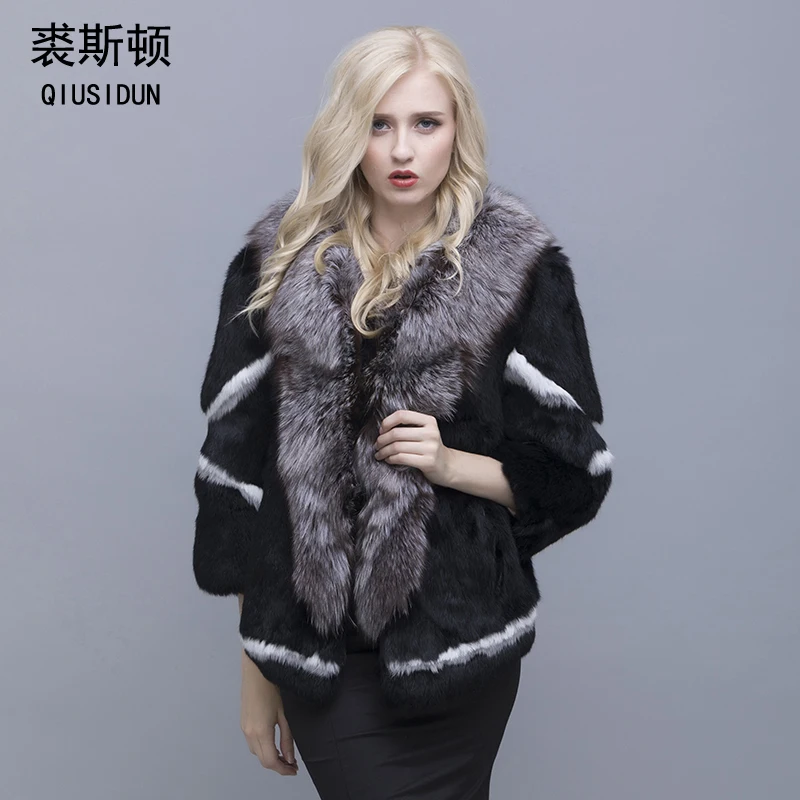 Real Natural Women's Rabbit Fur Coat Fox Fur Collar Large Size Rabbit Skin Women Winter Coats Black Woman's Casual Autumn Coat