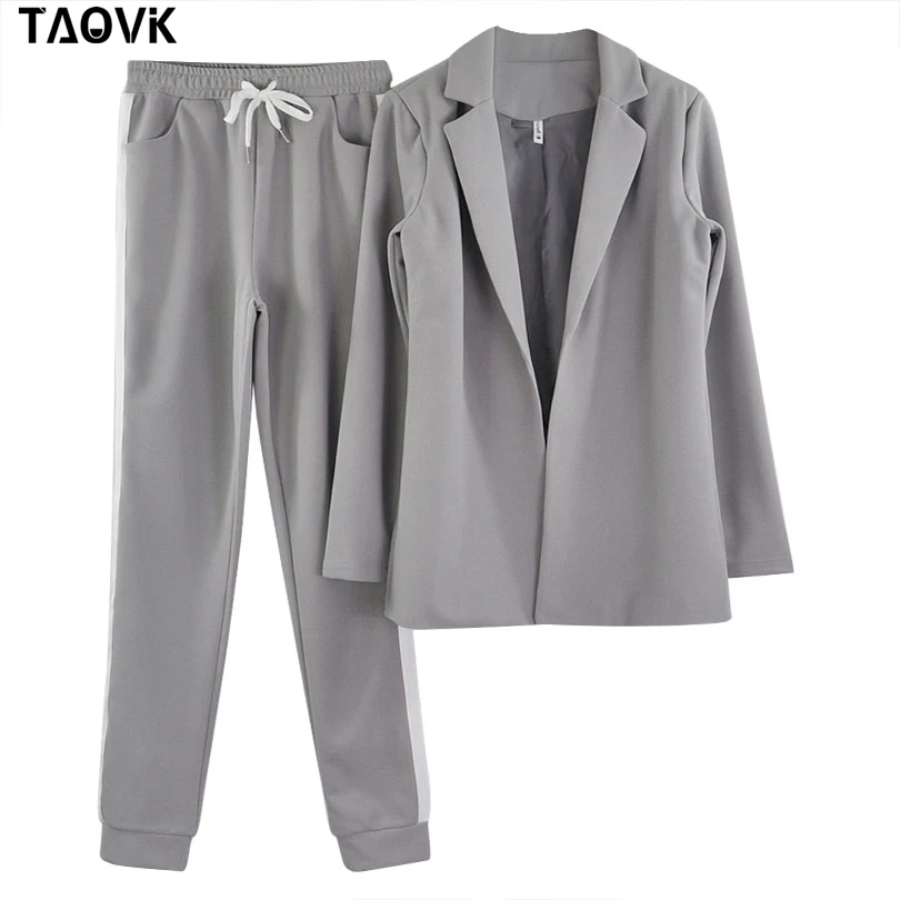 Grey TAOVK женские костюмы куртка с отложным воротником белые полосатые брюки комплект из двух предметов брючные костюмы женские спортивные костюмы Женская одежда - Цвет: Grey