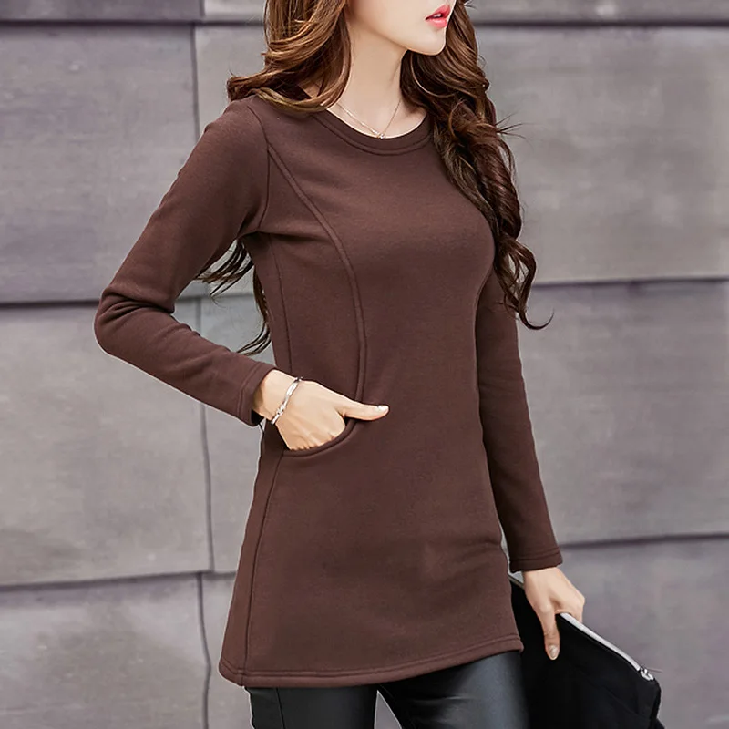 Blouses Women Long Sleeve 2020 New Winter Fashion O-Neck Shirt Spring Full Thick Warm Pockets Long Blouses Slim Tops Plus Size