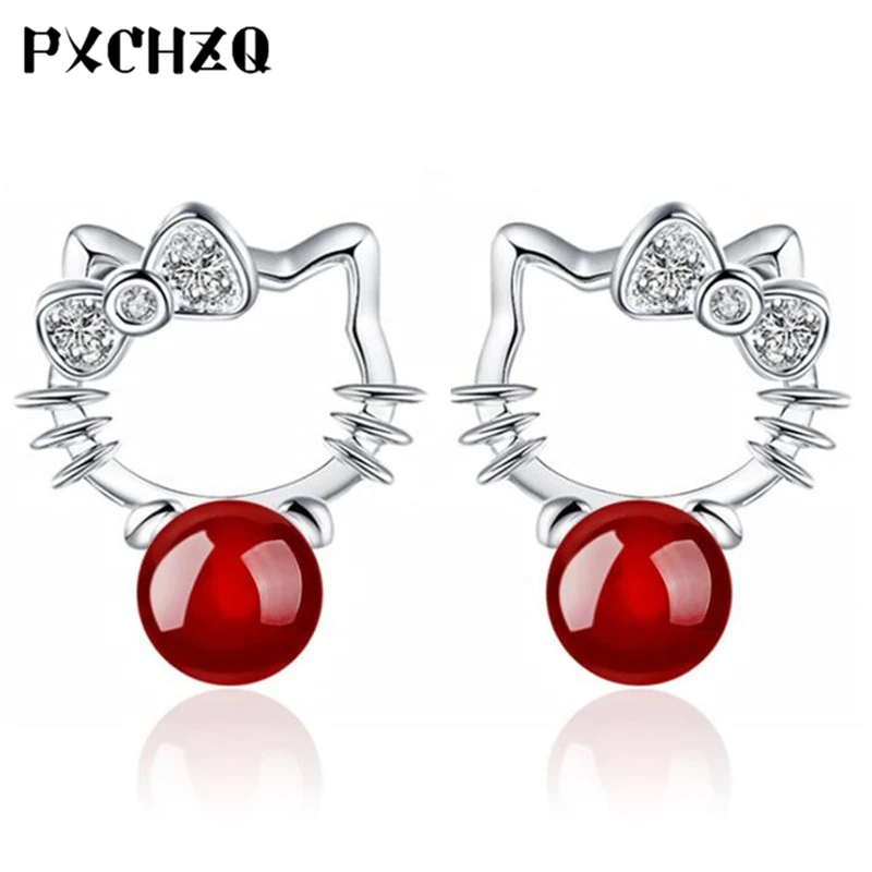 Женские серьги Hello Kitty Модные Серебристые красного и черного цвета красивые милые