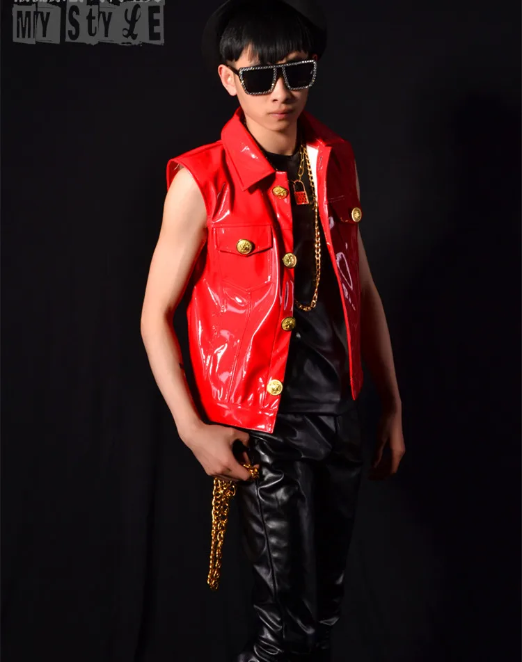 

New arrival! 2015 New style Male fashion Red leather Vest Nightbar singer stage performance costumes