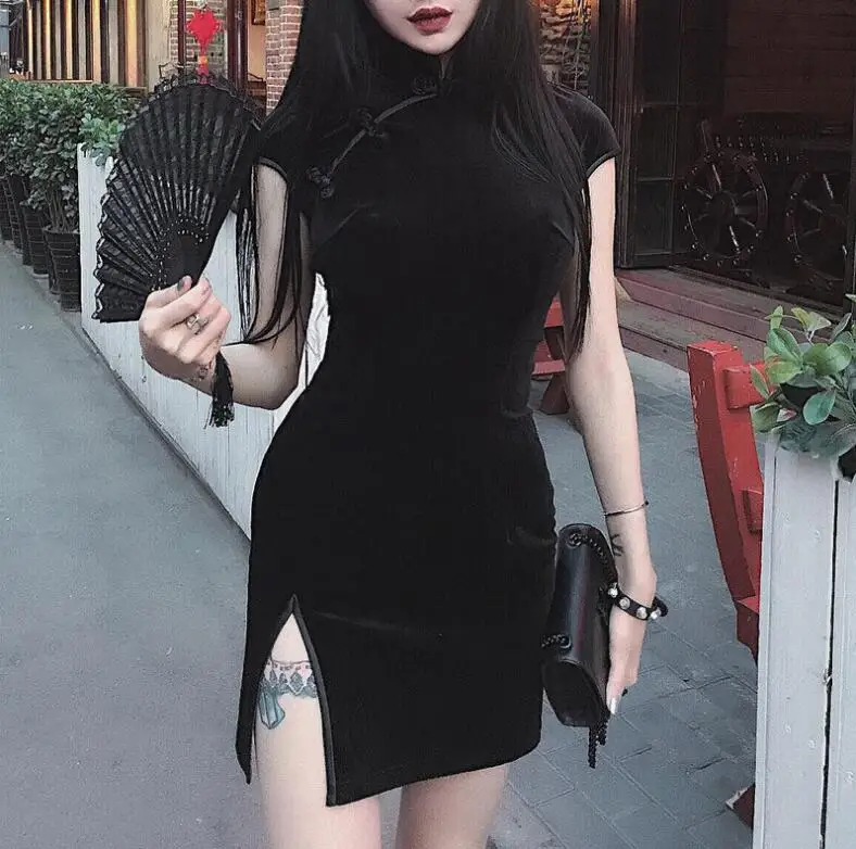 

Chinese Style Stand Collar Slim Bag Hip Solid Color Short Sleeve cheongsam Dress
