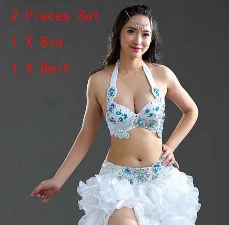 White 2 Pieces Set Профессиональный костюм для танца живота, комплект из 3 предметов, стразы, топ с бюстгальтером, B/c, пояс и юбка, платье в стиле Рио, карнавал, Голливуд - Цвет: White 2 Pieces Set