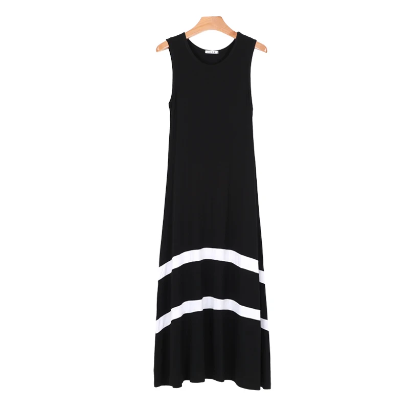

PERHAPS U Black White O Neck Sleeveless Tank Maxi Long Dress Summer Modal Ankle Length Loose Casual D0366