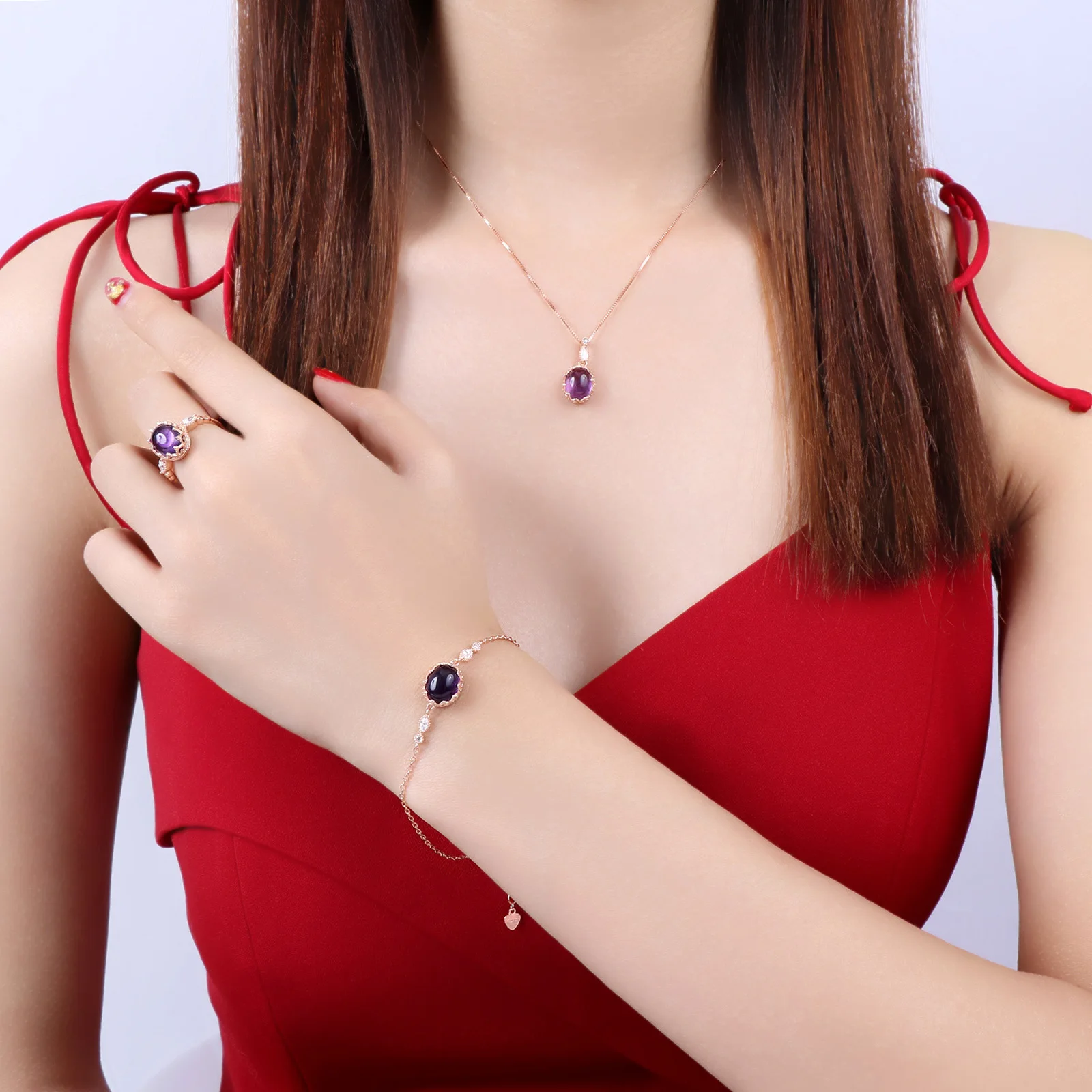 MoBuy аметист Овальный натуральный драгоценный камень 4 шт. ювелирные наборы 100%