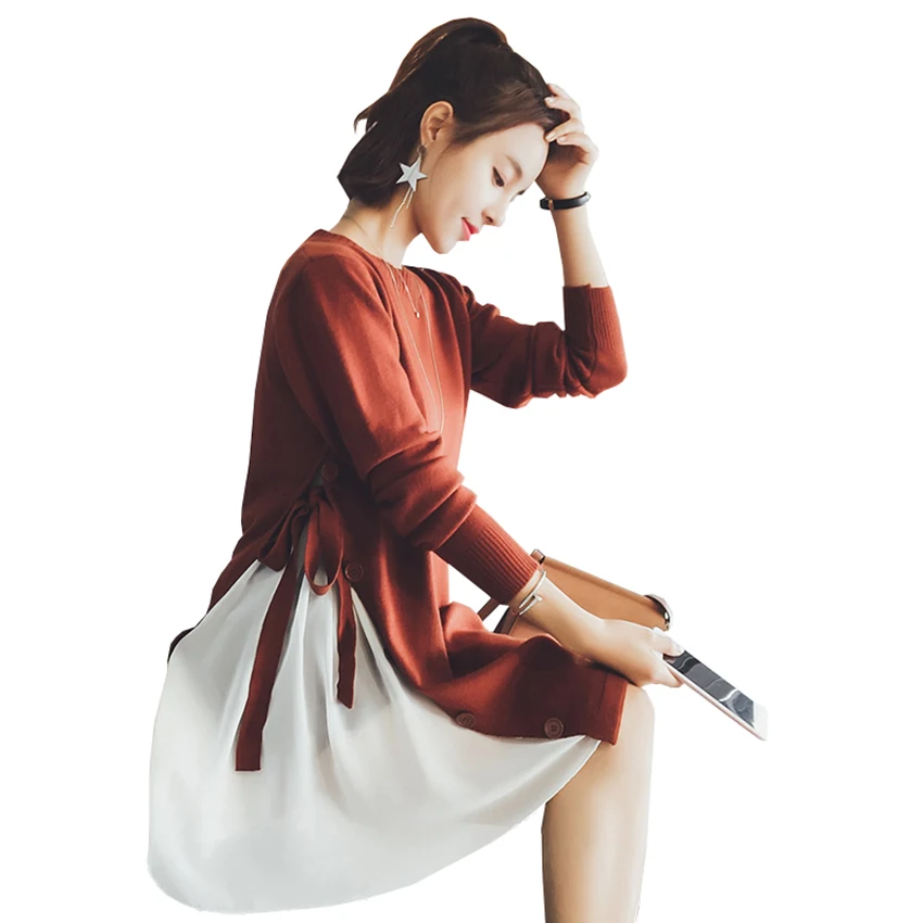 Платье Свитер женское трикотажное мини платье большого размера с длинным