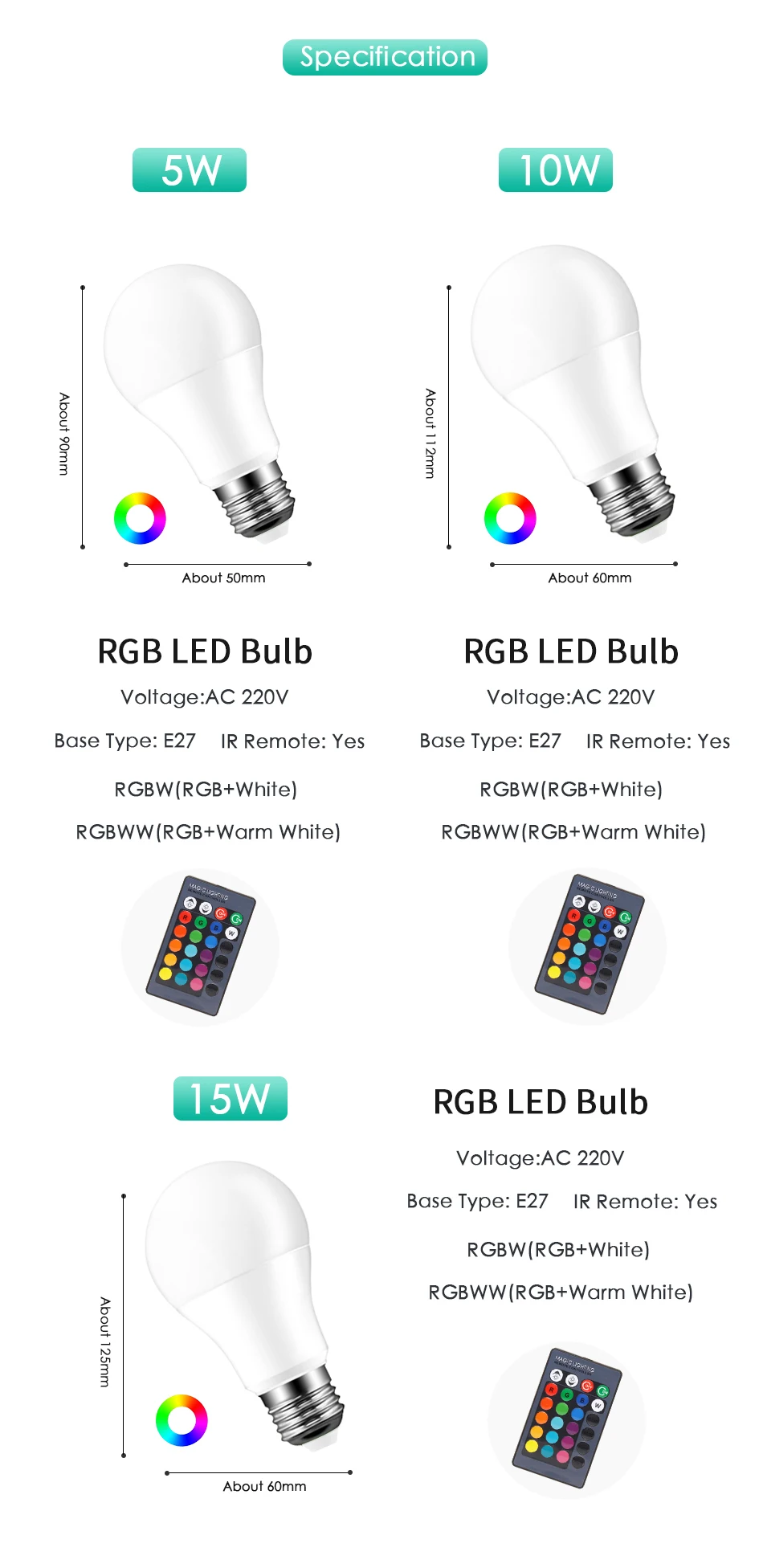 Светодиодный RGB лампочка E27 светильник RGB RGBW RGBWW с регулируемой яркостью ИК-пульт дистанционного управления 5 Вт 10 Вт 15 Вт переменного тока 220 В яркая волшебная лампа для отдыха, бара, ночного клуба