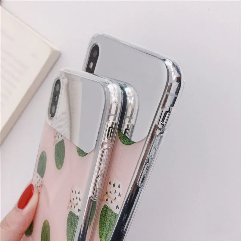 JIBAN Fashion Mirror Cactus Phone Case For Iphone X XR XS Max Soft IMD Smooth Cases Gradient Back Cover 6 6S 7 8 Plus |