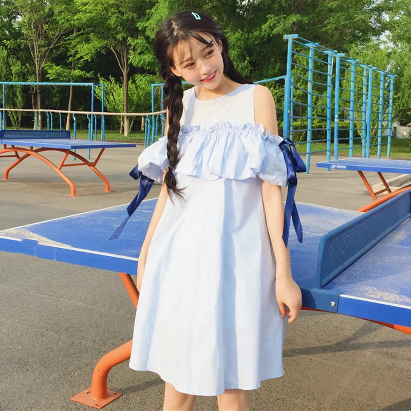 

Женское корейское платье без бретелек Mori girl, Свободное длинное Повседневное платье с оборками на манжетах, для студентов, лето 2018