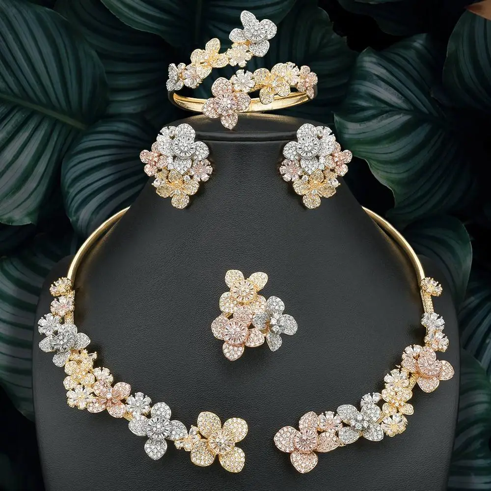 ModemAngel роскошный нежный цветок полный AAA кубический цирконий 3 тона медное ожерелье браслет серьги кольцо набор для женщин Свадебные