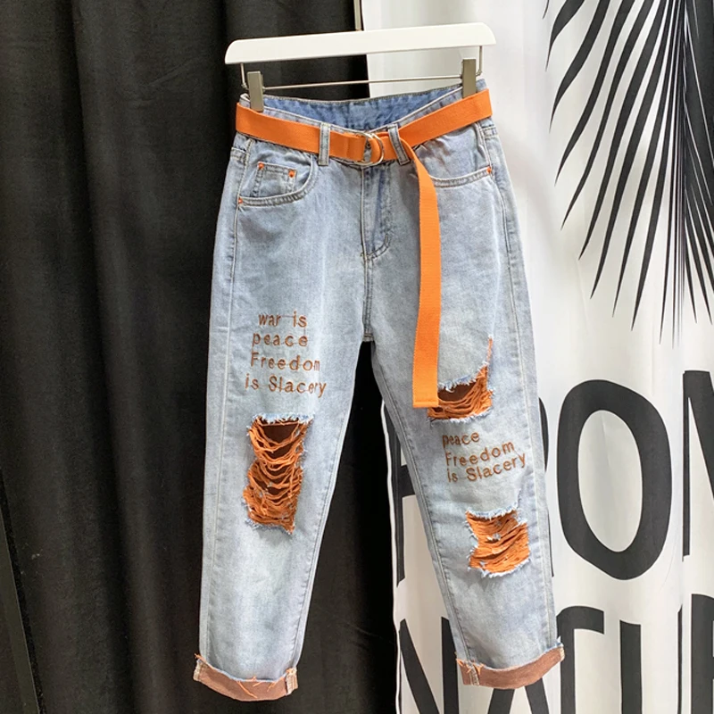 Новые хлопковые женские джинсы 2019 винтажные с вышивкой свободные штаны дырками