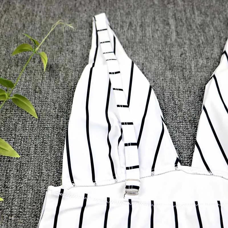 Новый Полосатый Вырез Цельный купальник с принтом высокой талией монохромный