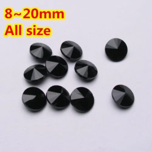 

100pcs/lot Black Jet Color 8mm,10mm,12mm,14mm,16mm,18mm,20mm Chinese Top Quality Round Fancy Stone Rivoli glass beads
