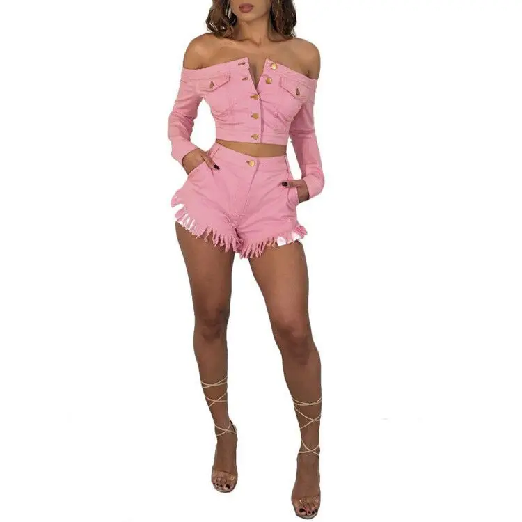 Однобортный пиджак с длинными рукавами и воротником лодочкой джинсовый комплект