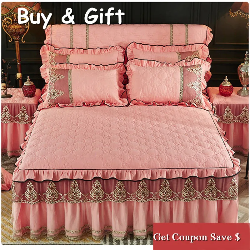 

pure color 3pcs lace edge bedskirt European style sanding cotton thickened bedspreads high quality bedding set free shipping